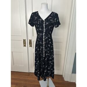Vintage 90s Decked Out Floral Button Midi Dress Womens Size 3/4 Black Boho